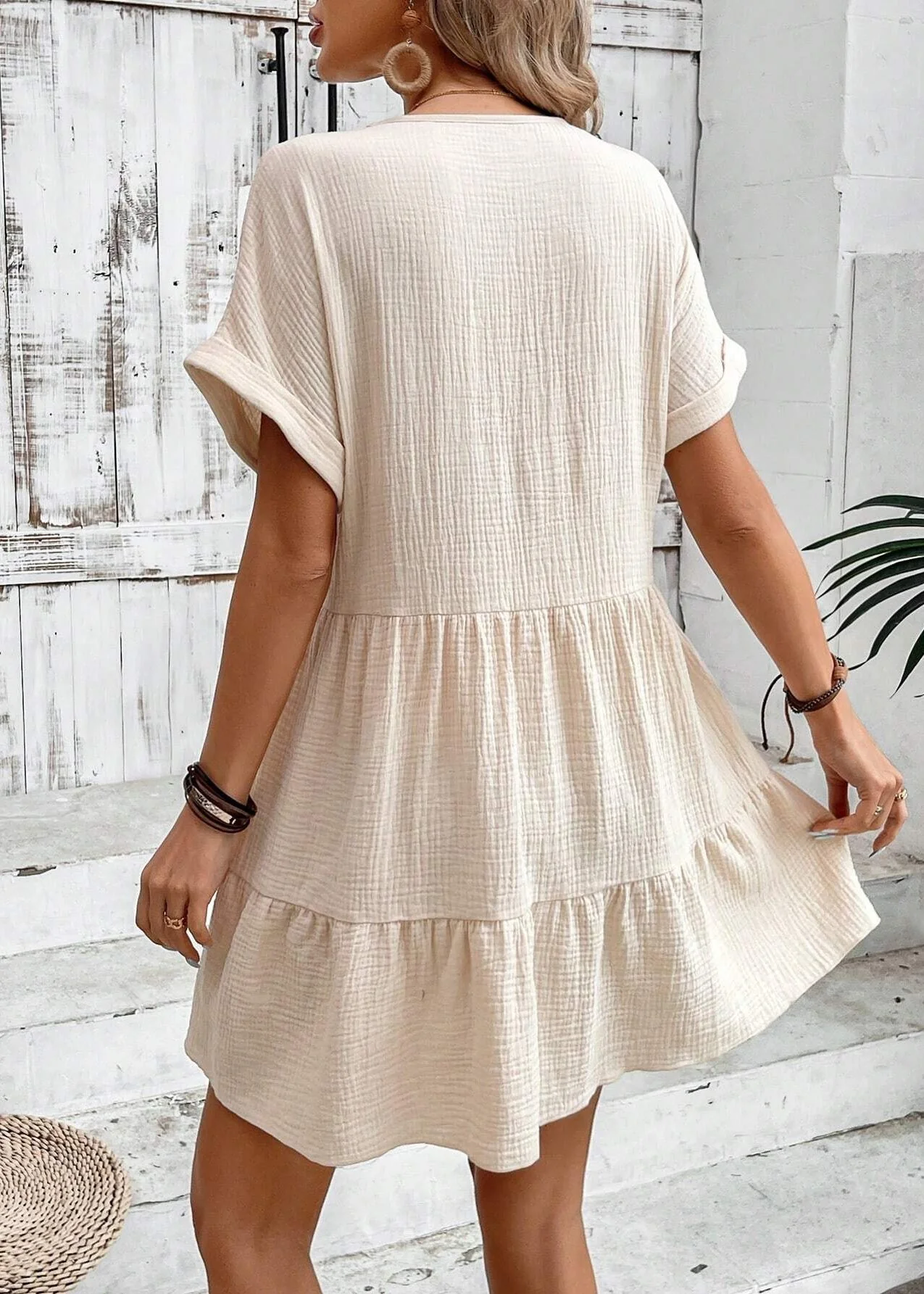 Beige Patchwork Cotton Vacation Dress V Neck Summer - Image 4