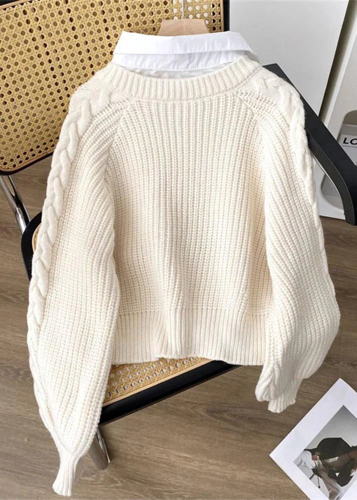 Beige Patchwork Knit Short Sweater Peter Pan Collar Spring - Image 2