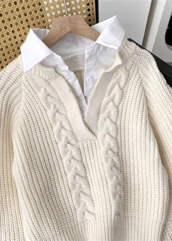 Beige Patchwork Knit Short Sweater Peter Pan Collar Spring - Image 3