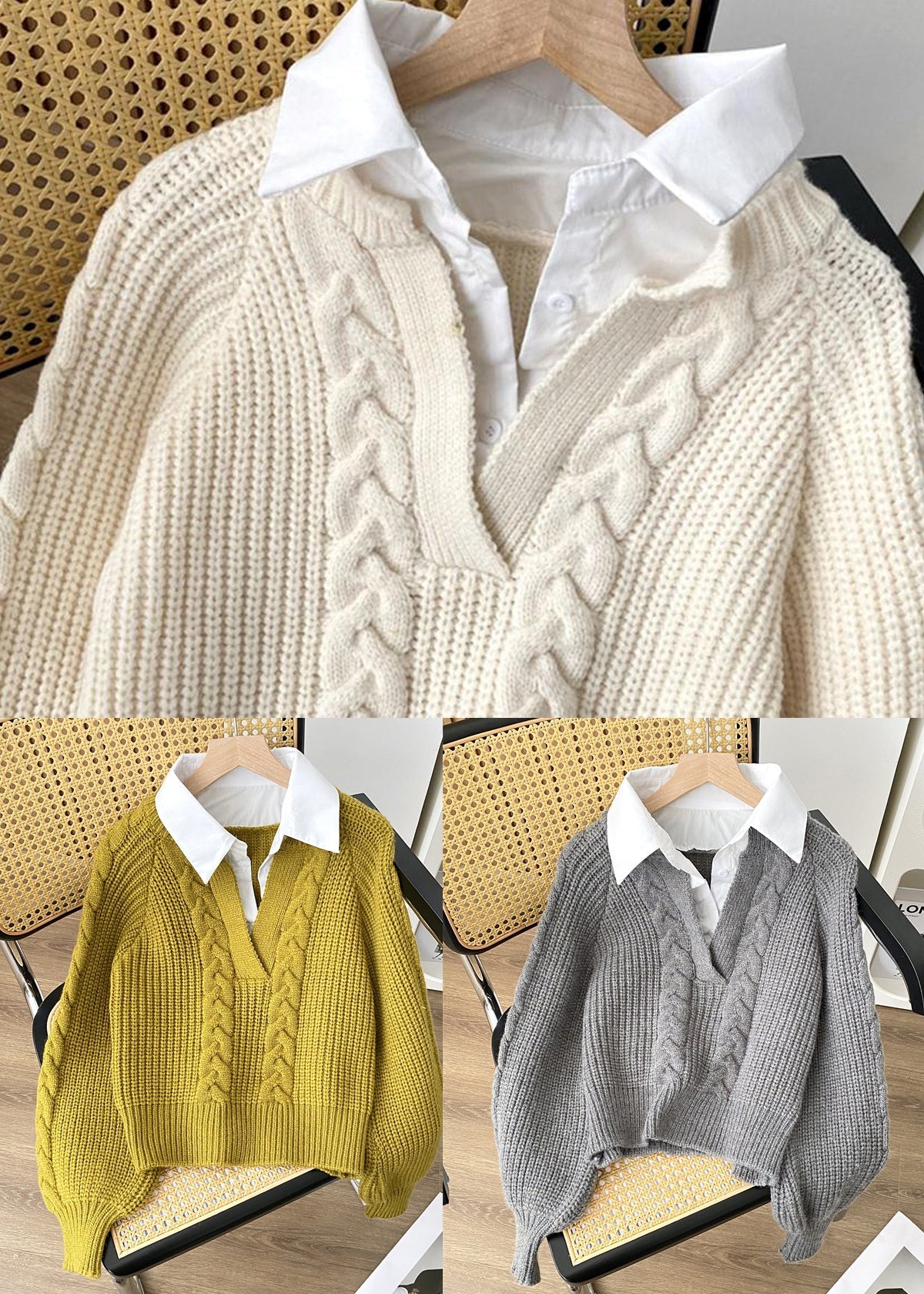 Beige Patchwork Knit Short Sweater Peter Pan Collar Spring - Image 5