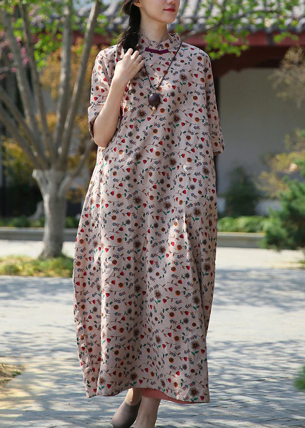Beige Pockets Patchwork Cotton Long Dresses Stand Collar Half Sleeve - Image 2