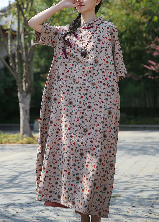 Beige Pockets Patchwork Cotton Long Dresses Stand Collar Half Sleeve - Image 3