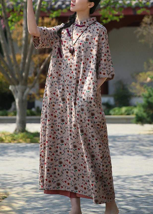 Beige Pockets Patchwork Cotton Long Dresses Stand Collar Half Sleeve - Image 4