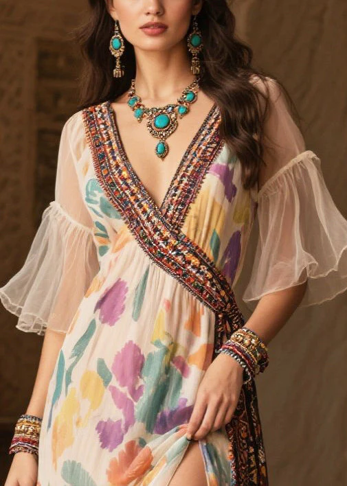Beige Print Chiffon Holiday Dress Side Open Flare Sleeve - Image 2