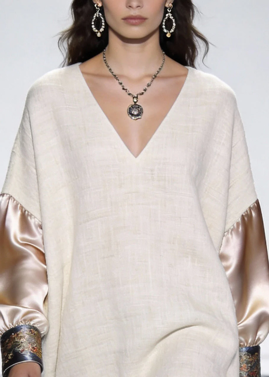 Beige Print Silk Patchwork Linen Mini Dress V Neck Spring - Image 2