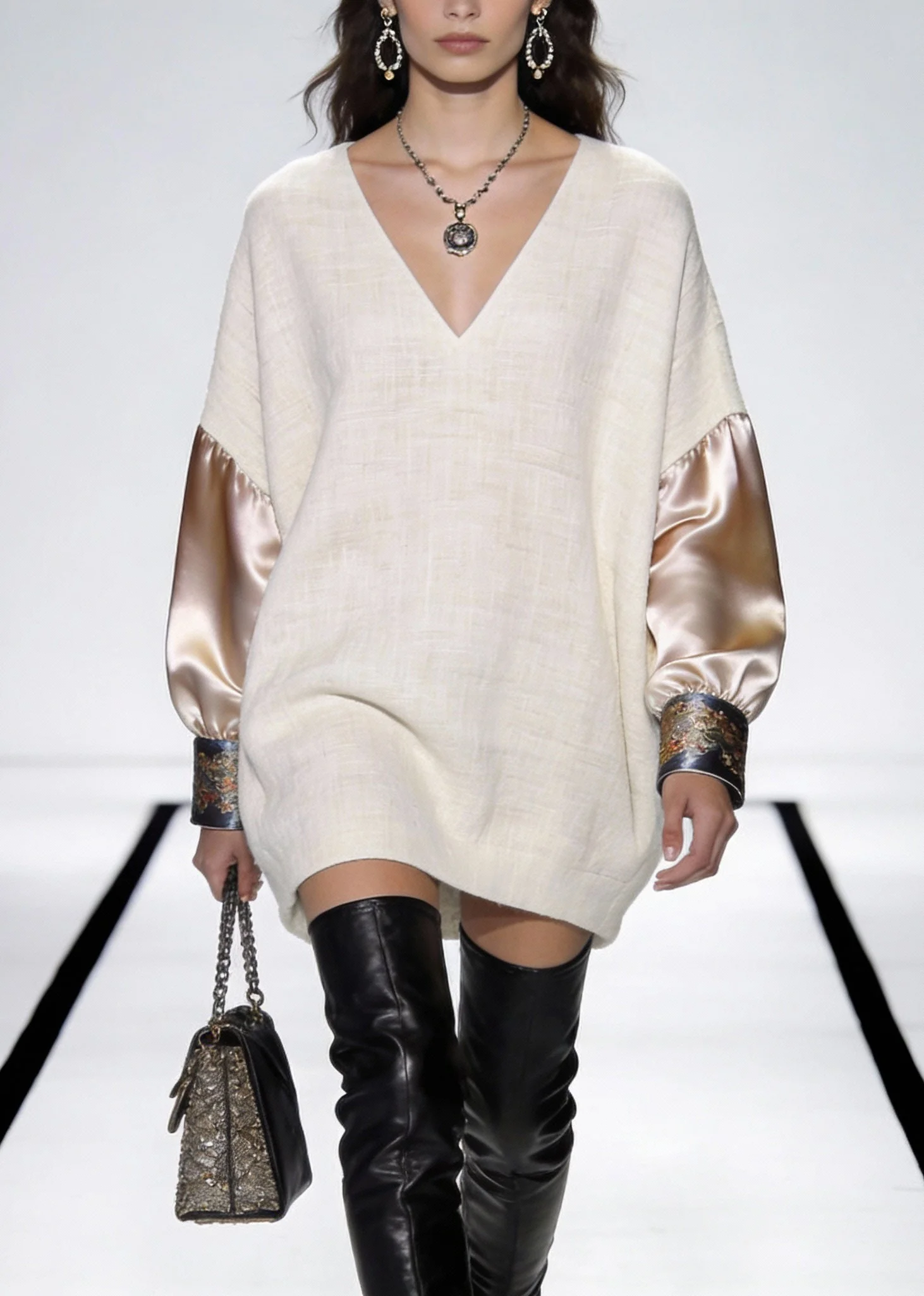Beige Print Silk Patchwork Linen Mini Dress V Neck Spring - Image 3
