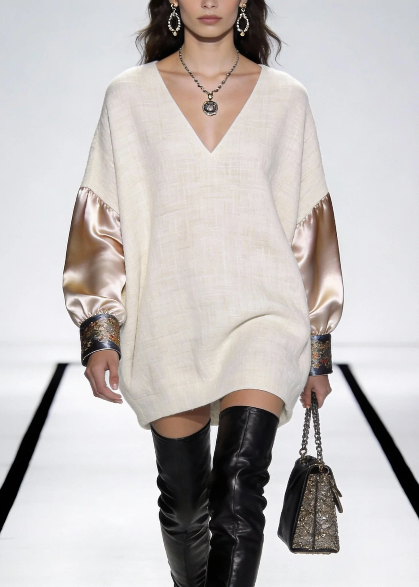 Beige Print Silk Patchwork Linen Mini Dress V Neck Spring - Image 5