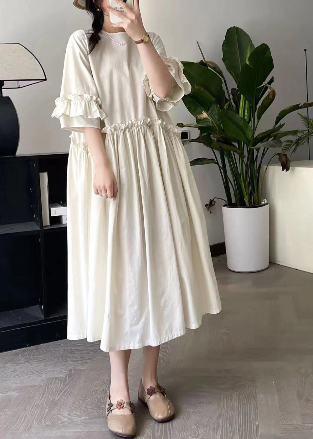 Beige Ruffled Patchwork Maxi Dress Short Sleeve - Image 2