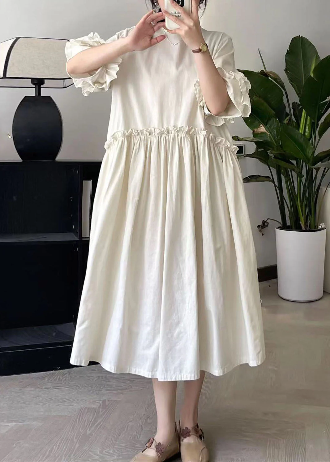 Beige Ruffled Patchwork Maxi Dress Short Sleeve - Image 3