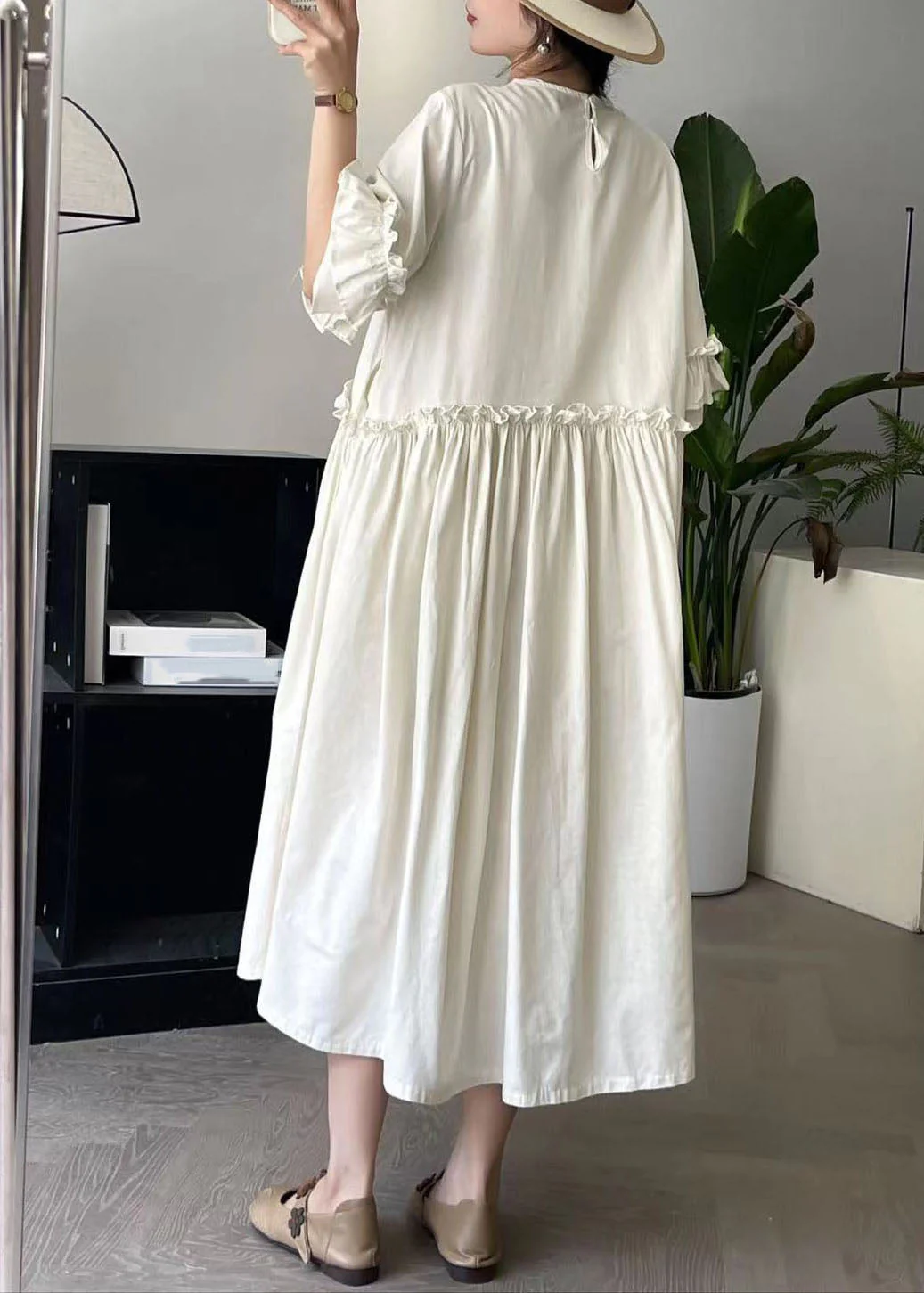 Beige Ruffled Patchwork Maxi Dress Short Sleeve - Image 4