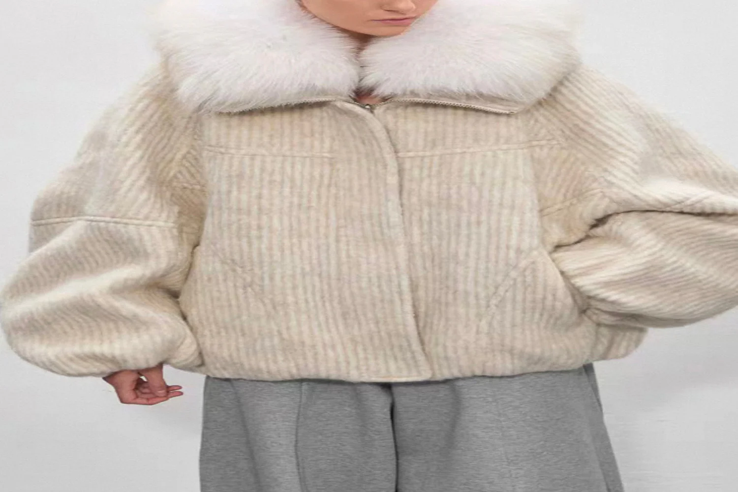 Beige Striped Pockets Oversized Duck Down Down Coat Fur Collar - Image 2