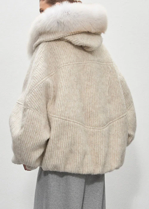 Beige Striped Pockets Oversized Duck Down Down Coat Fur Collar - Image 4