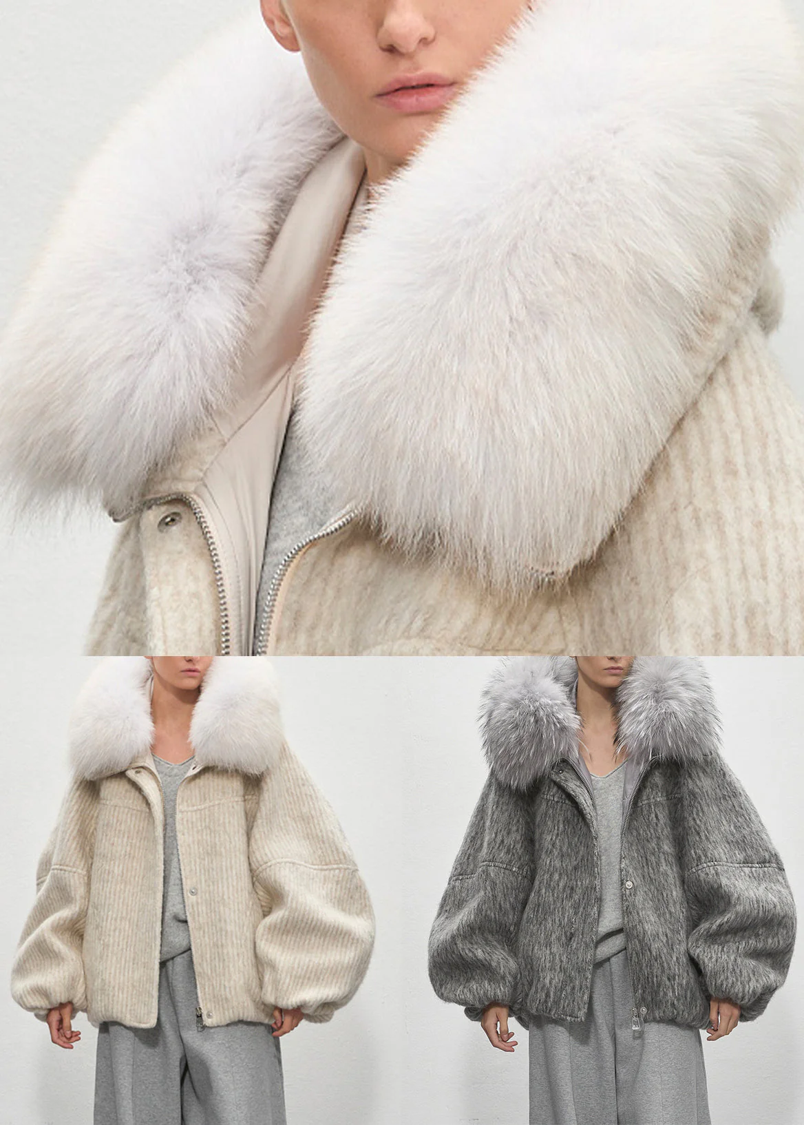 Beige Striped Pockets Oversized Duck Down Down Coat Fur Collar - Image 5