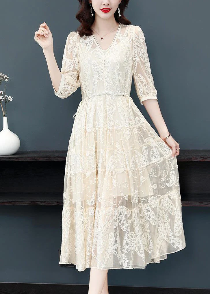 Beige Tie Waist Lace Long Dresses V Neck Bracelet Sleeve - Image 2