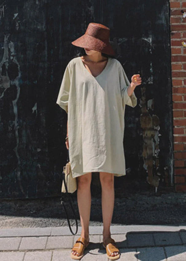 Beige V Neck Linen Mid Dress Flare Sleeve