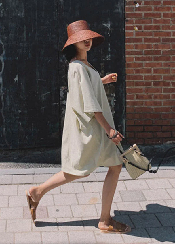 Beige V Neck Linen Mid Dress Flare Sleeve - Image 3