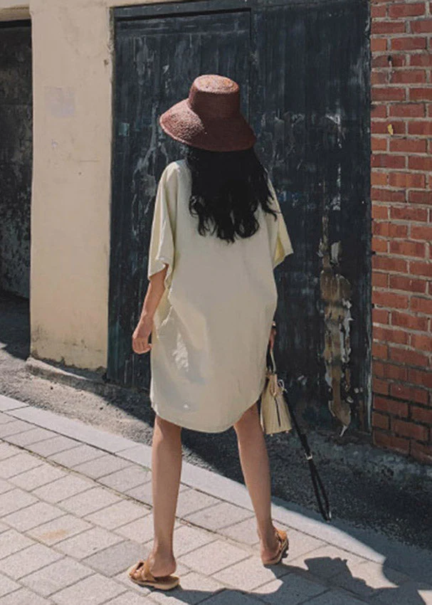 Beige V Neck Linen Mid Dress Flare Sleeve - Image 4