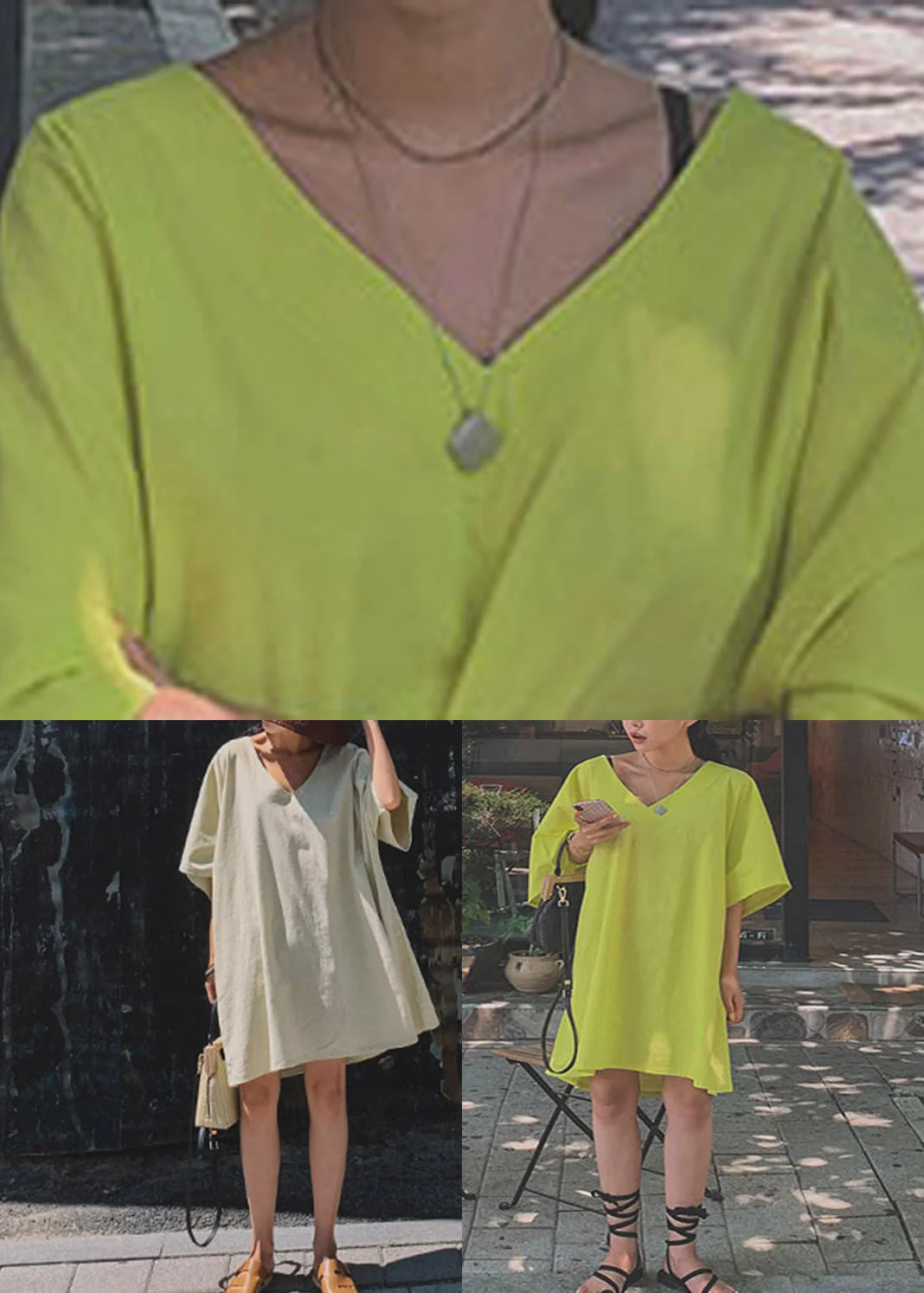 Beige V Neck Linen Mid Dress Flare Sleeve - Image 5