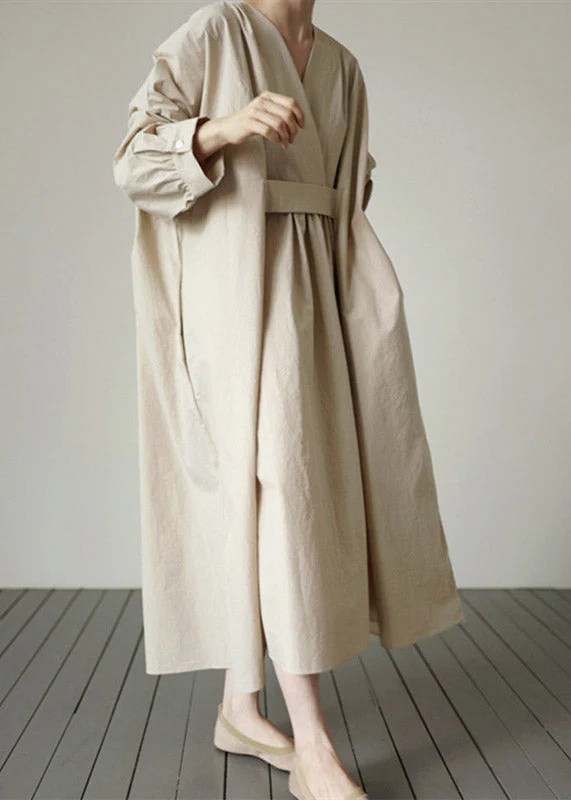 Beige V Neck Solid Wrinkled Cotton Dress Long Sleeve - Image 2