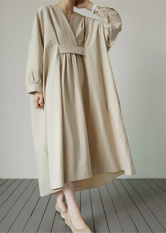 Beige V Neck Solid Wrinkled Cotton Dress Long Sleeve - Image 3