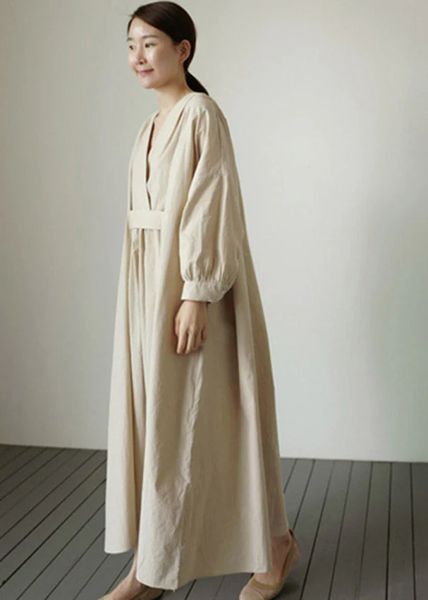 Beige V Neck Solid Wrinkled Cotton Dress Long Sleeve - Image 4
