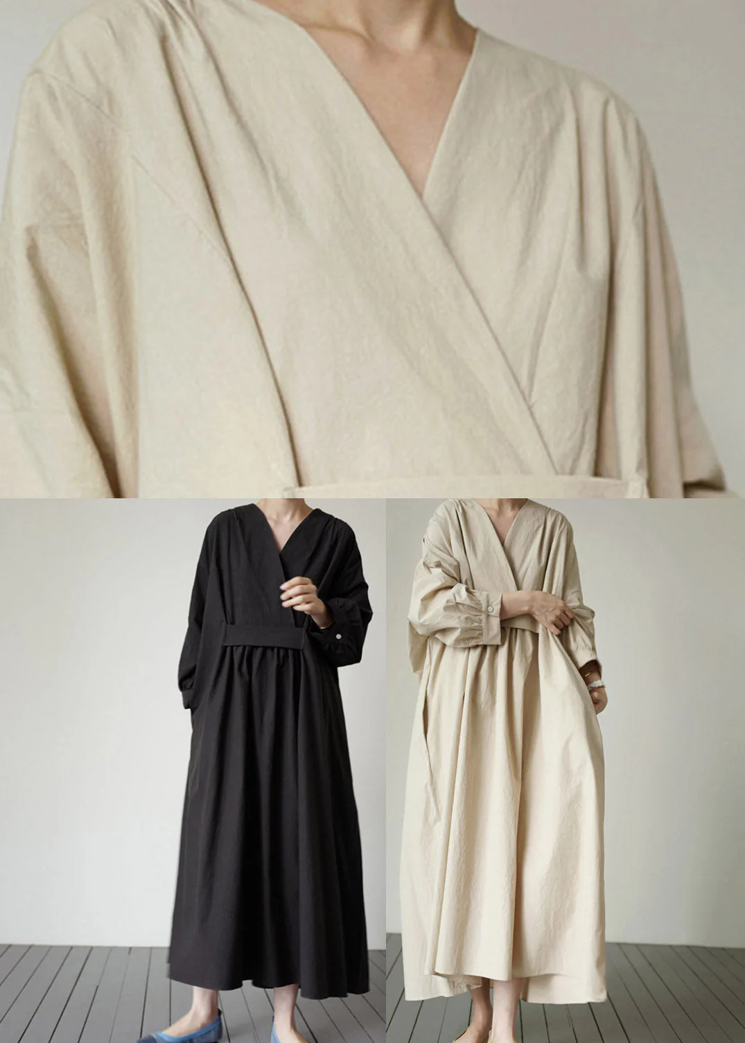 Beige V Neck Solid Wrinkled Cotton Dress Long Sleeve - Image 5