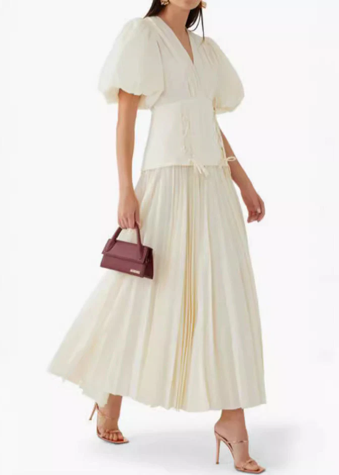 Beige Wrinkled Patchwork Cotton Dress V Neck Lantern Sleeve - Image 2