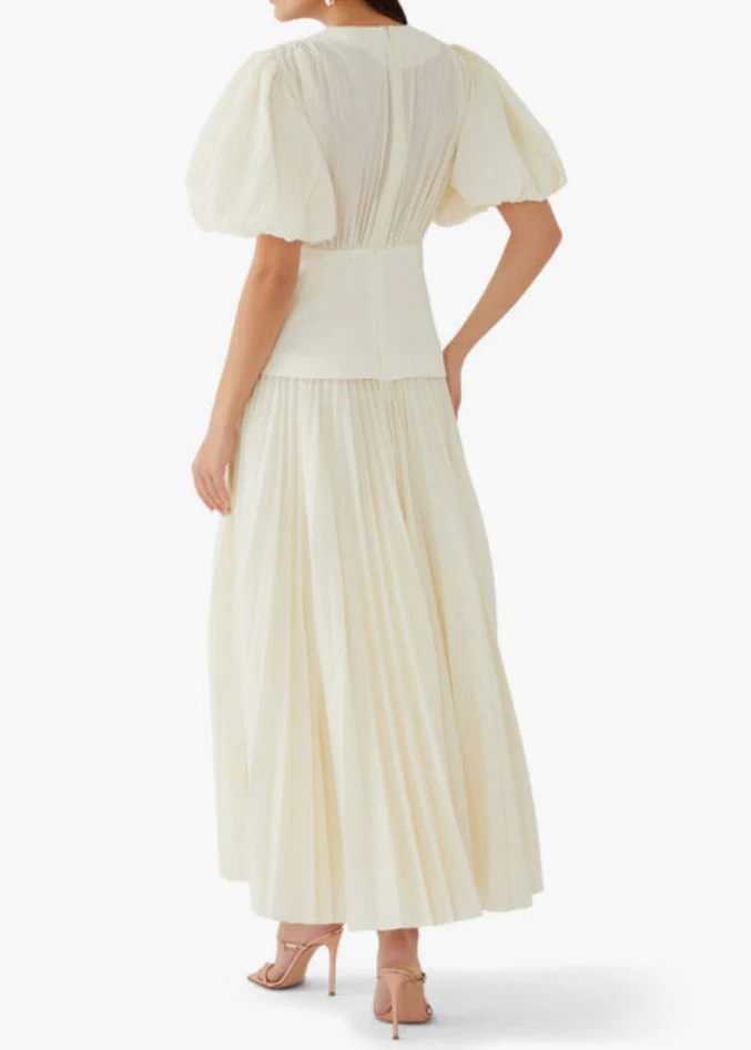 Beige Wrinkled Patchwork Cotton Dress V Neck Lantern Sleeve - Image 3