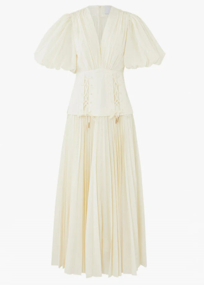 Beige Wrinkled Patchwork Cotton Dress V Neck Lantern Sleeve - Image 4