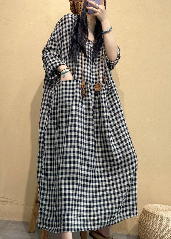 Big Plaid Pockets Linen Dress V Neck Long Sleeve - Image 4