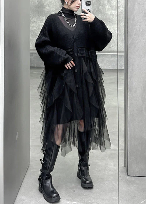 Black Asymmetrical Button Tulle Patchwork Cardigans Dress V Neck - Image 3
