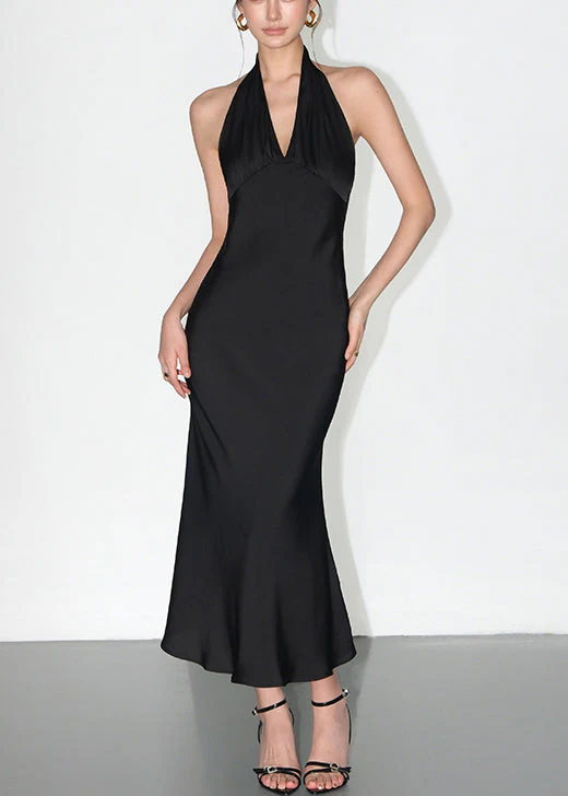 Black Backless Lace Up Silk Long Dress V Neck Summer - Image 3