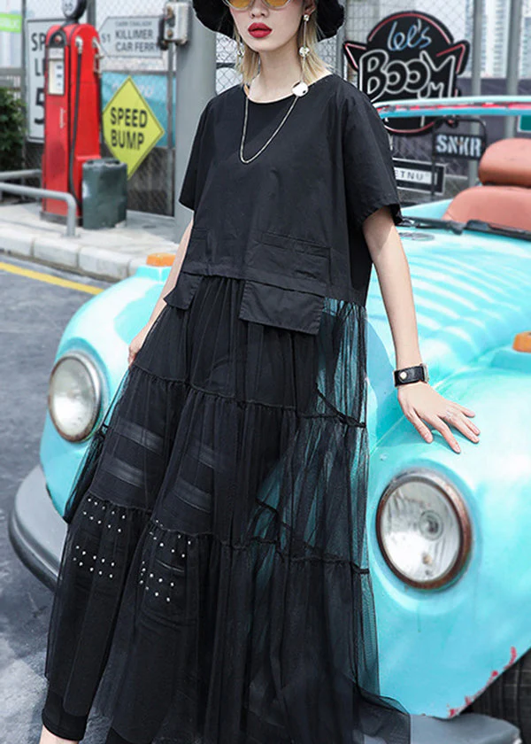 Black Baggy Tulle Patchwork A Line Dress O-Neck Oversized Short Sleeve - Image 2