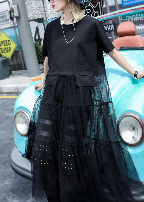 Black Baggy Tulle Patchwork A Line Dress O-Neck Oversized Short Sleeve - Image 3