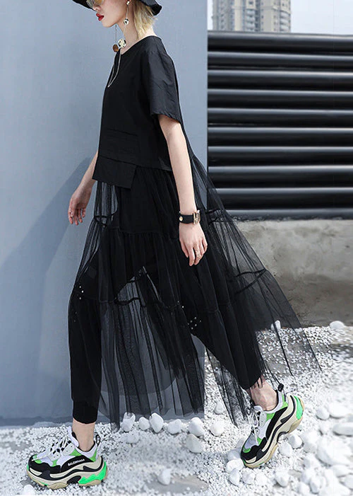 Black Baggy Tulle Patchwork A Line Dress O-Neck Oversized Short Sleeve - Image 4