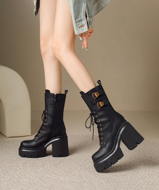 Black Boots Chunky Cowhide Leather Casual Splicing Boots - Image 3
