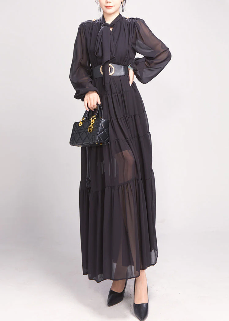 Black Bow Wrinkled Chiffon Maxi Dress Long Sleeve - Image 2
