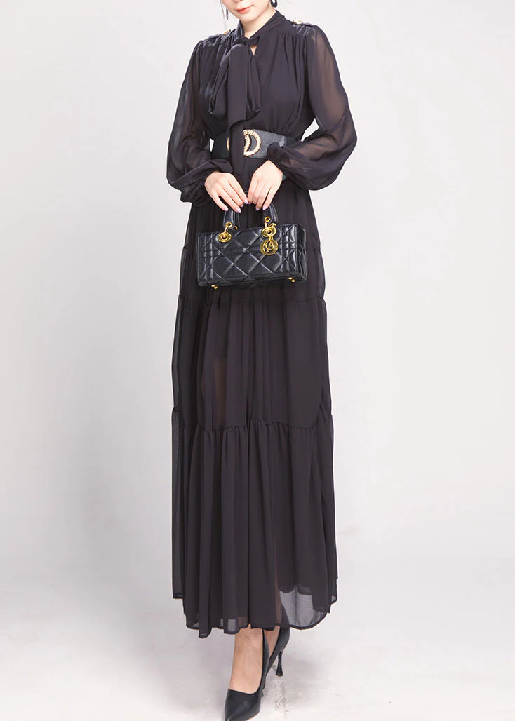 Black Bow Wrinkled Chiffon Maxi Dress Long Sleeve - Image 3