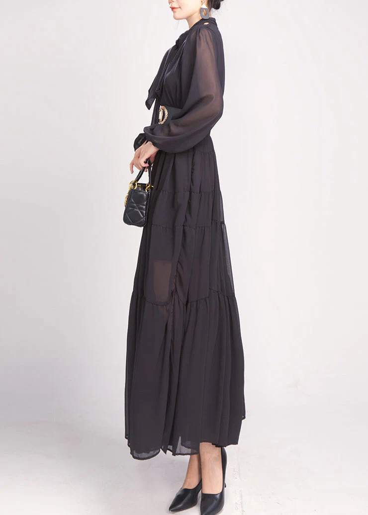 Black Bow Wrinkled Chiffon Maxi Dress Long Sleeve - Image 4