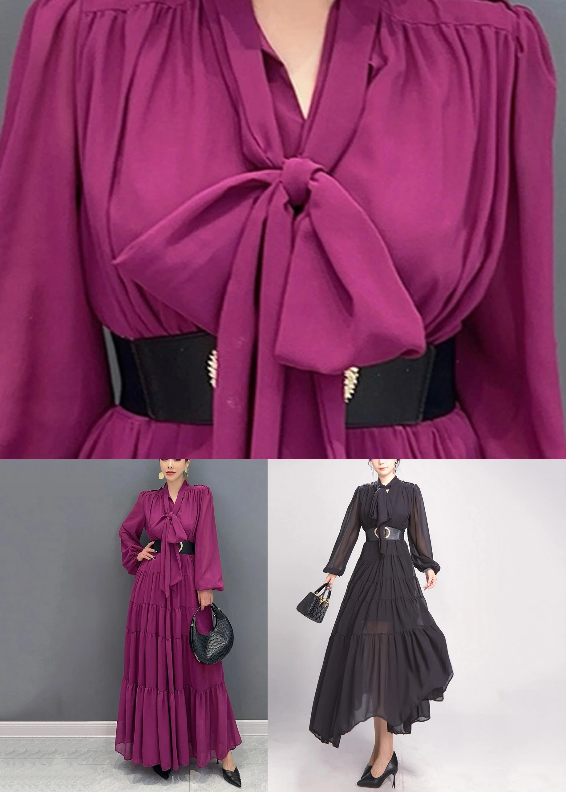 Black Bow Wrinkled Chiffon Maxi Dress Long Sleeve - Image 5