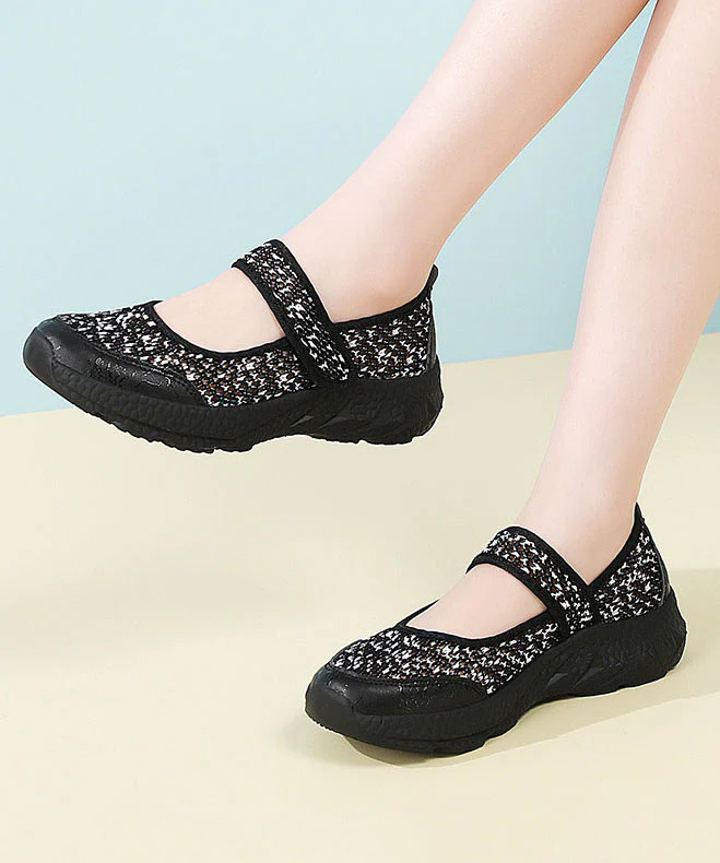 Black Breathable Mesh Flat Feet Shoes Splicing Buckle Strap - Image 2