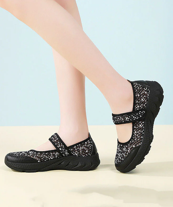 Black Breathable Mesh Flat Feet Shoes Splicing Buckle Strap - Image 4
