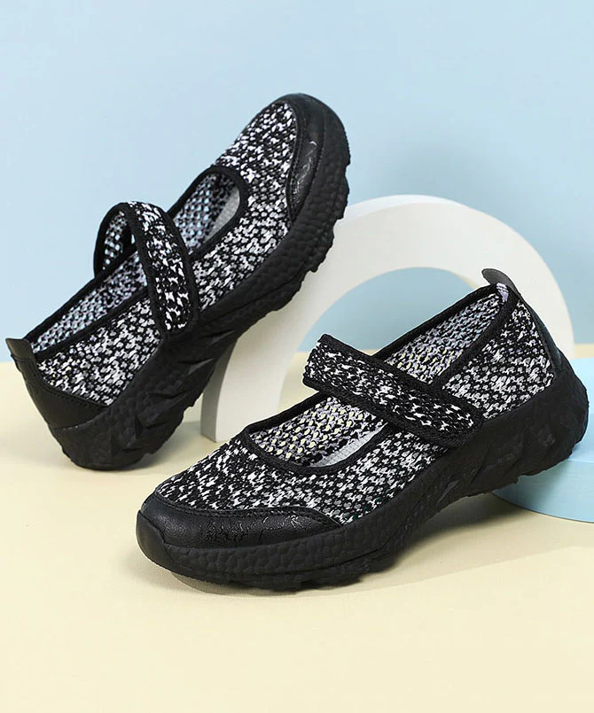 Black Breathable Mesh Flat Feet Shoes Splicing Buckle Strap - Image 5