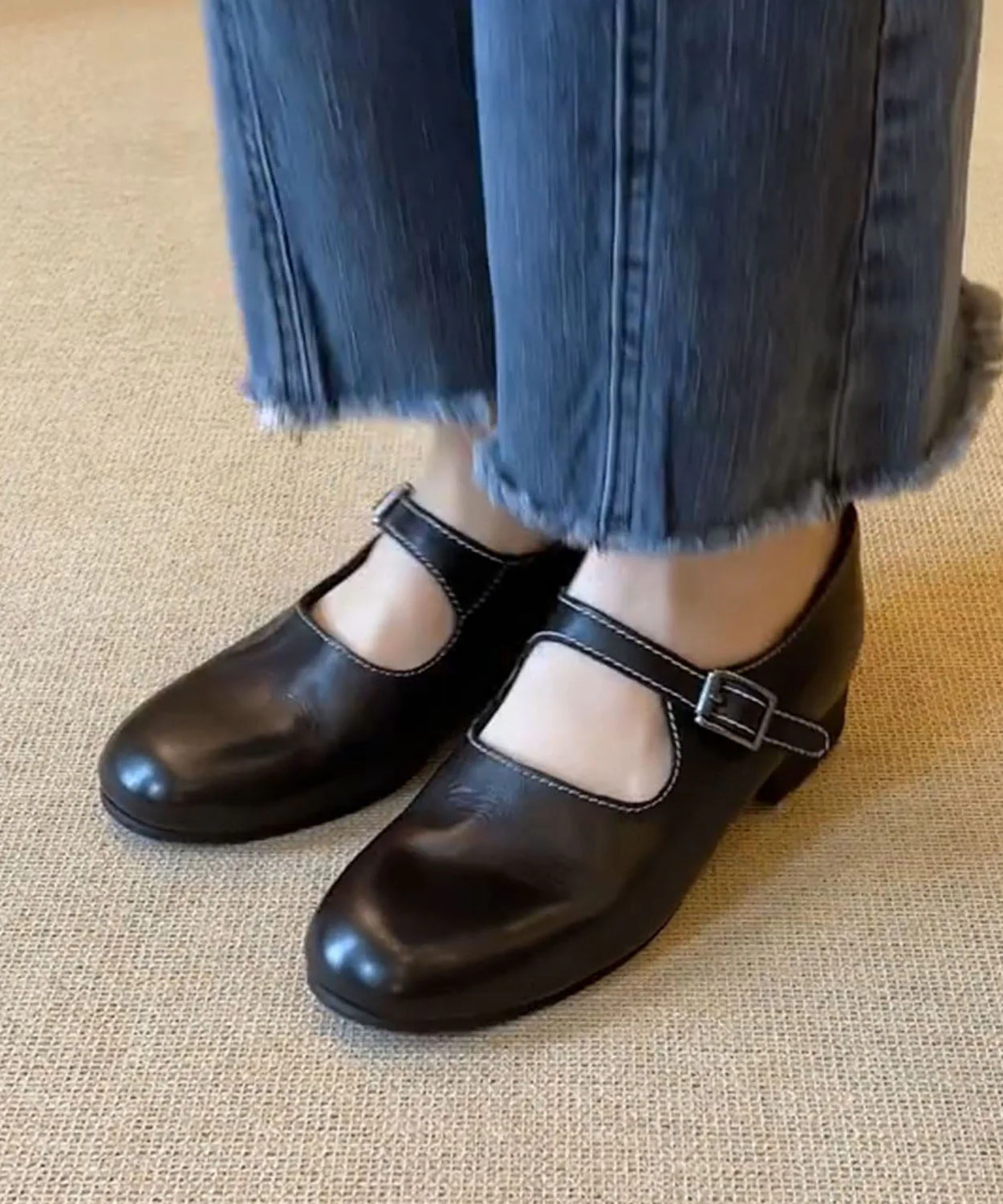 Black Buckle Strap For Women Splicing Faux Leather Flats - Image 4