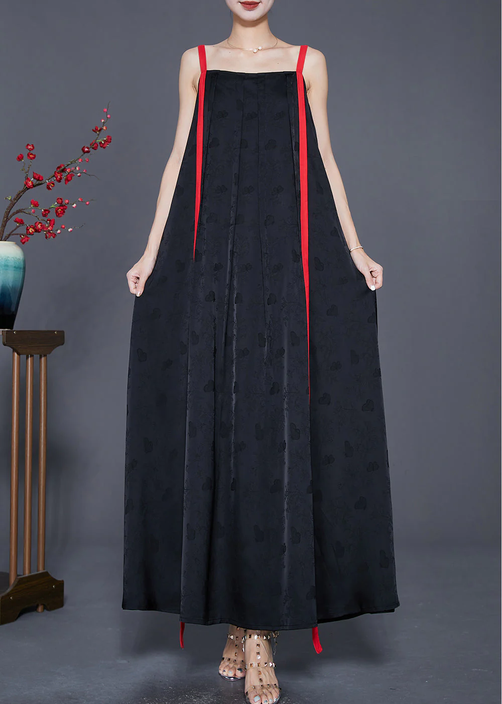 Black Butterfly Jacquard Silk Spaghetti Strap Dress Dress Summer - Image 2