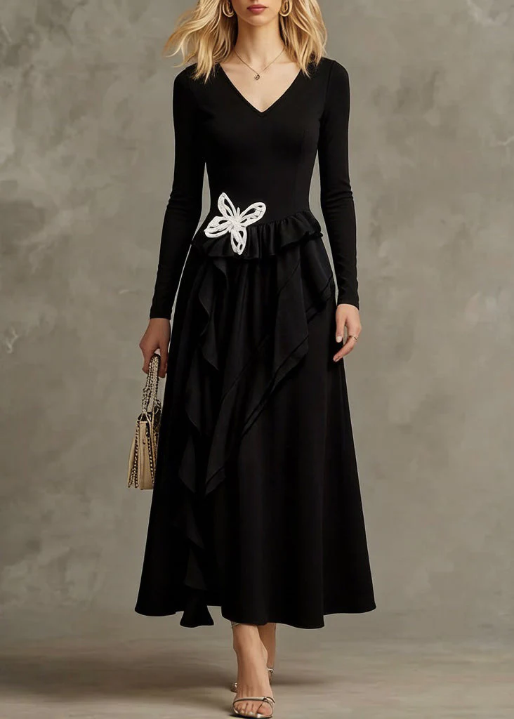 Black Butterfly Ruffled Cotton Long Dresses Asymmetrical Spring