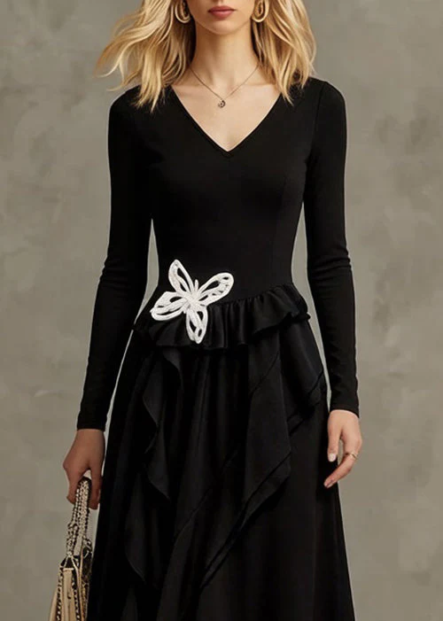 Black Butterfly Ruffled Cotton Long Dresses Asymmetrical Spring - Image 2