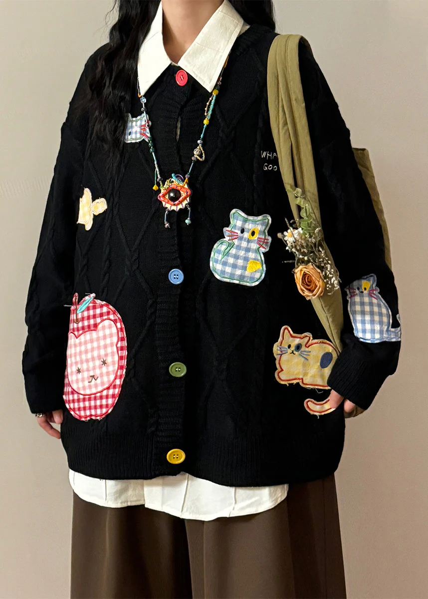 Black Button Applique Plaid Knit Coats O Neck Spring