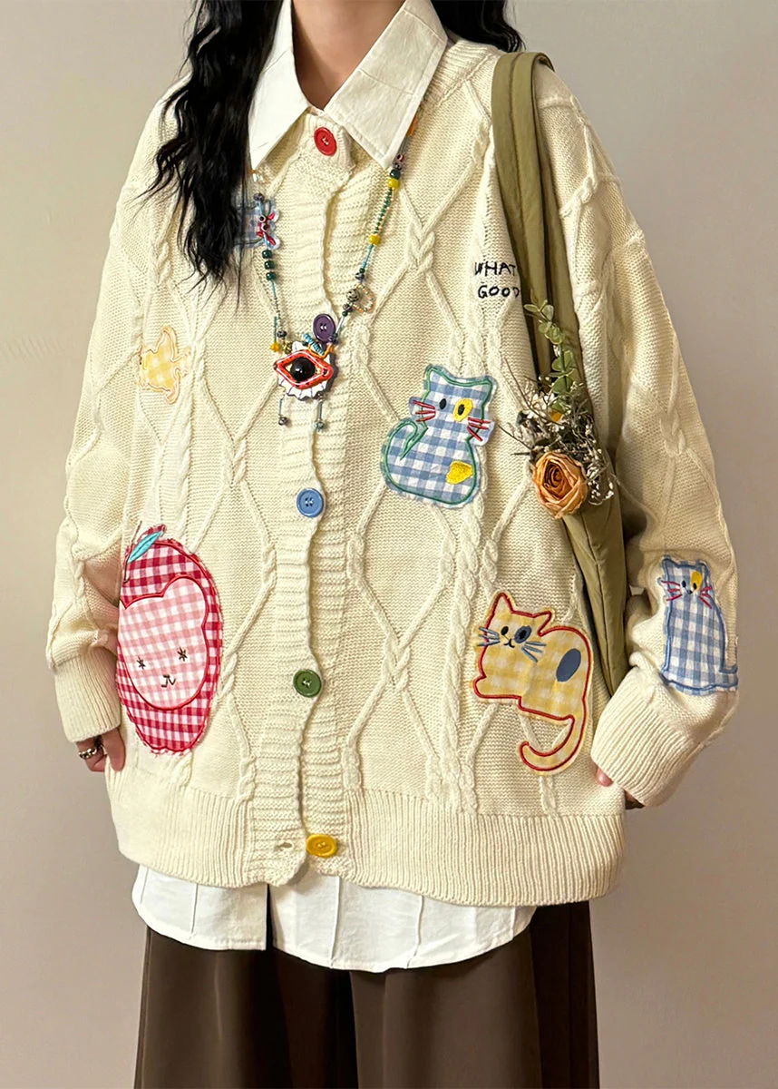 Black Button Applique Plaid Knit Coats O Neck Spring - Image 2