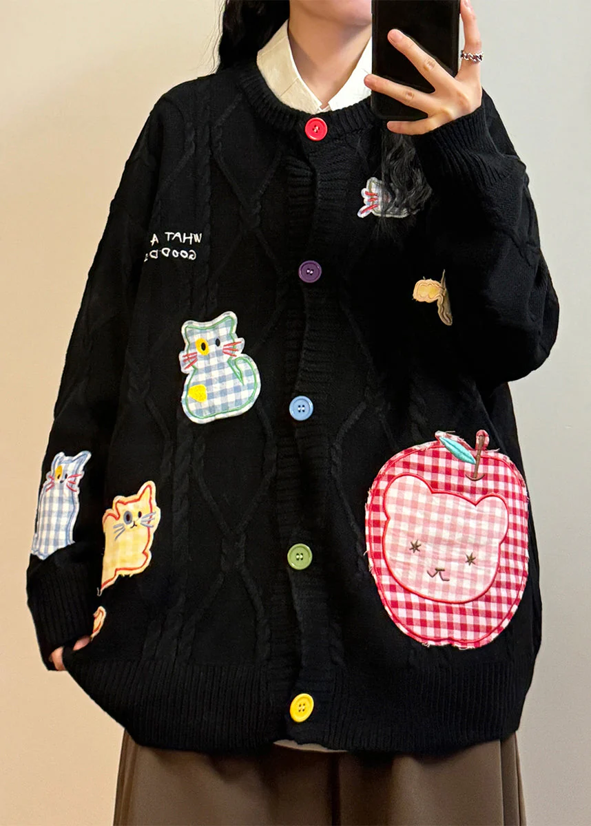 Black Button Applique Plaid Knit Coats O Neck Spring - Image 3